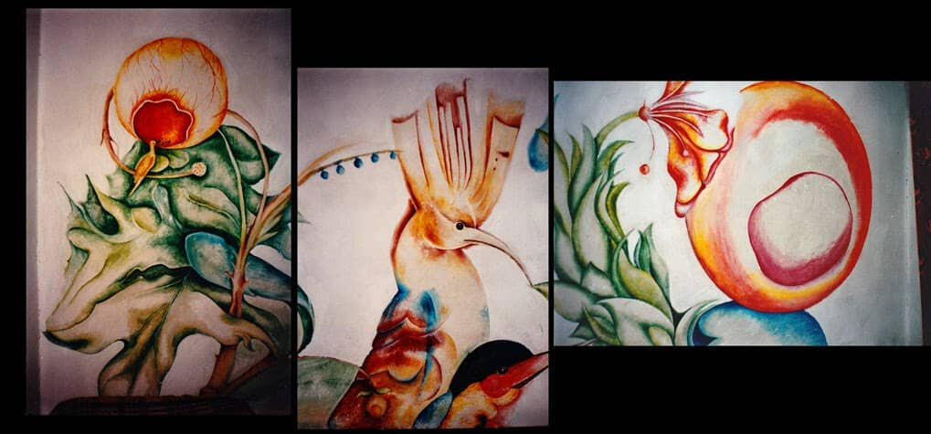 Surrealist Paradise Wall mural in Michal Plis bedroom by Renata. She never finished it before her death. Michal from birth grew up staring at this painting stirring his imagination.